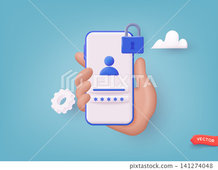 Account login and password form on smartphone app. User authorization, login authentication page, sign up concept. 3D Web Vector Illustrations. Account login and password form on smartphone app. User authorization, login authentication page, sign up concept. 3D Web Vector Illustrations. 141274048