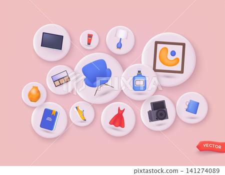 Background with shopping items. Online shopping on application and website concept, digital marketing online. 3D Web Vector Illustration. Background with shopping items. Online shopping on application and website concept, digital marketing online. 3D Web Vector Illustration. 141274089