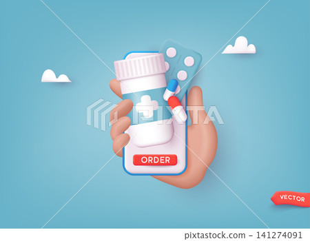 Human hand holding mobile phone for medicine online payment. Home delivery pharmacy service. 3D Web Vector Illustration. Human hand holding mobile phone for medicine online payment. Home delivery pharmacy service. 3D Web Vector Illustration. 141274091