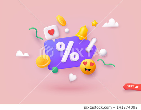 Label with percent, check mark and discount. App icon. 3D Web Vector Illustrations. Label with percent, check mark and discount. App icon. 3D Web Vector Illustrations. 141274092