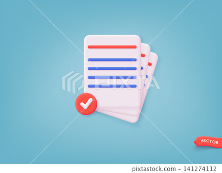 Documents papers icon. Stack of sheets with approval check mark. 3D Web Vector Illustrations. Documents papers icon. Stack of sheets with approval check mark. 3D Web Vector Illustrations. 141274112