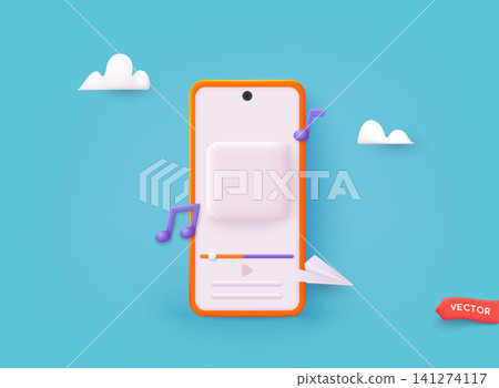 phoneAudio app on mobile phone. Application presentation template. Modern Technology device screen. 3D Web Vector Illustrations. phoneAudio app on mobile phone. Application presentation template. Modern Technology device screen. 3D Web Vector Illustrations. 141274117