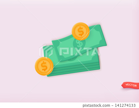 3d realistic cartoon gold coins and dollar banknote bundle. 3D Web Vector Illustrations. 3d realistic cartoon gold coins and dollar banknote bundle. 3D Web Vector Illustrations. 141274133