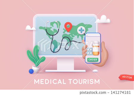 Medical tourism. Organization of medical tourism and treatment all over the world. 3D Web Vector Illustrations. Medical tourism. Organization of medical tourism and treatment all over the world. 3D Web Vector Illustrations. 141274181