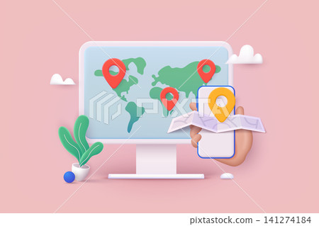 Business trip banner with computer and map. Destination app. 3D Web Vector Illustrations. Business trip banner with computer and map. Destination app. 3D Web Vector Illustrations. 141274184