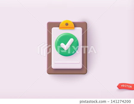 Checklist on a clipboard paper. Successful completion of business tasks. 3D Web Vector Illustrations. 141274200