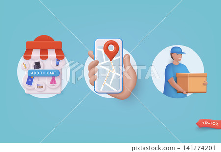 Online delivery service concept, online order tracking, delivery home and office. 3D Web Vector Illustrations. Online delivery service concept, online order tracking, delivery home and office. 3D Web Vector Illustrations. 141274201
