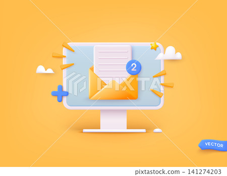Open mail envelope icon on computer screen. Subscribe to newsletter. Vector illustration for online marketing and business. 3D Web Vector Illustrations. 141274203