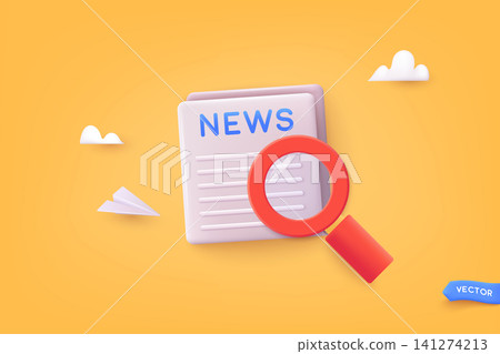 Concept News update. Newspaper icon with magnifying glass, information about events, activities, company information and announcements for web page. 3D Web Vector Illustrations. Concept News update. Newspaper icon with magnifying glass, information about events, activities, company information and announcements for web page. 3D Web Vector Illustrations. 141274213