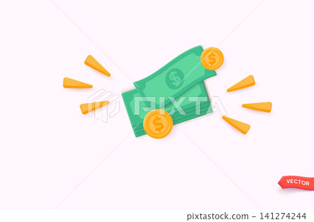Dollar banknote with gold coins. Business financial investment. Creative concept. Trade cash back. Save savings. 3D Web Vector Illustrations. Dollar banknote with gold coins. Business financial investment. Creative concept. Trade cash back. Save savings. 3D Web Vector Illustrations. 141274244