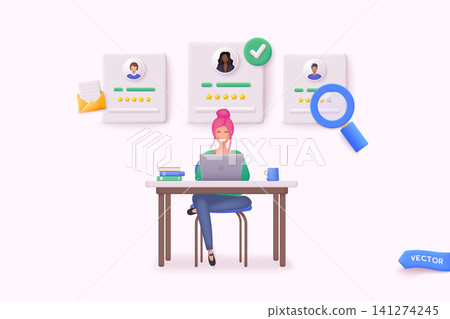 HR Manager working at desk, searching new employee. Business woman choosing best candidate for job. 3D Web Vector Illustrations. HR Manager working at desk, searching new employee. Business woman choosing best candidate for job. 3D Web Vector Illustrations. 141274245