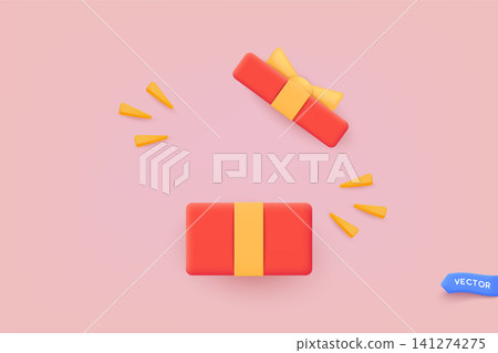 Open red gift box with yellow ribbon bow. 3D Web Vector Illustrations. Open red gift box with yellow ribbon bow. 3D Web Vector Illustrations. 141274275