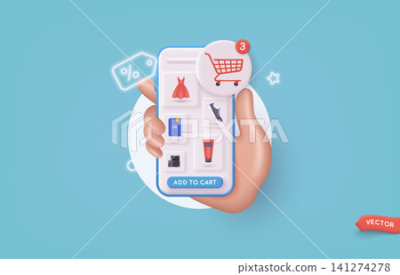 Hand holding mobile smart phone with shopp app. Online shopping concept. 3D Web Vector Illustrations. Hand holding mobile smart phone with shopp app. Online shopping concept. 3D Web Vector Illustrations. 141274278