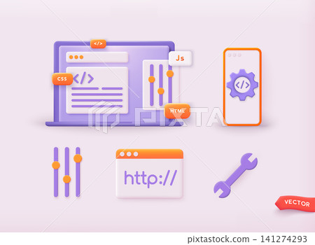 Mobile application development process. Smartphone interface building process, mobile app. 3D Web Vector Illustrations. Mobile application development process. Smartphone interface building process, mobile app. 3D Web Vector Illustrations. 141274293
