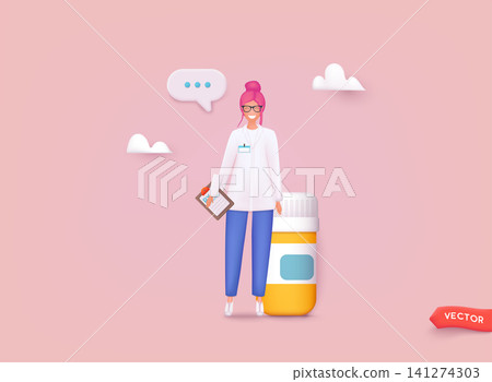 Medicine doctor with check list for health pharmaceutical. 3d doctor icon minimal of first aid and health care check. Medical of emergency. 3d vector web illustration. Medicine doctor with check list for health pharmaceutical. 3d doctor icon minimal of first aid and health care check. Medical of emergency. 3d vector web illustration. 141274303