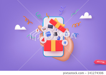 Smartphone with open gift box, confetti, shopping items, gift box concept. 3d vector web illustration. Smartphone with open gift box, confetti, shopping items, gift box concept. 3d vector web illustration. 141274306