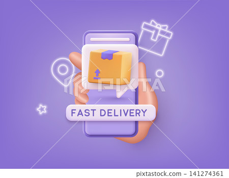 Online fast delivery service concept, online order tracking, delivery home and office. 3D Vector Illustrations. Online fast delivery service concept, online order tracking, delivery home and office. 3D Vector Illustrations. 141274361