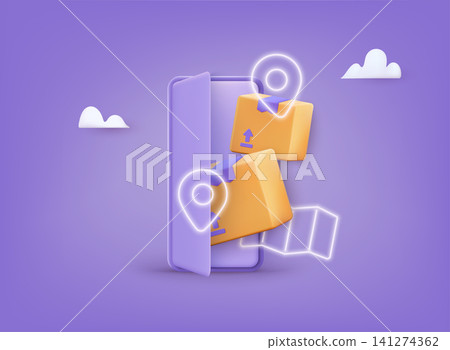 Online delivery service concept, online order tracking, delivery home and office. 3D Vector Illustrations. Online delivery service concept, online order tracking, delivery home and office. 3D Vector Illustrations. 141274362