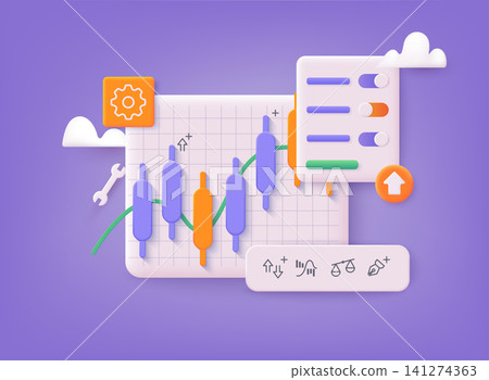 Stocks market graph chart on web pages. Trading candlestick chart on electronic devices vector illustration. 3D Vector Illustrations. 141274363