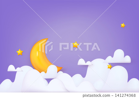 Night sky background with half moon, clouds and stars. 3D Vector Illustrations. 141274368