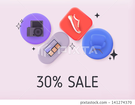 Sale banner. Online shopping on application and website concept, digital marketing online. 3D Vector Illustrations. Sale banner. Online shopping on application and website concept, digital marketing online. 3D Vector Illustrations. 141274370