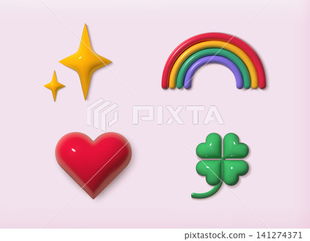Glossy icon set. Star, rainbow, heart and green clover. For mobile applications. 3D Vector Illustrations. Glossy icon set. Star, rainbow, heart and green clover. For mobile applications. 3D Vector Illustrations. 141274371