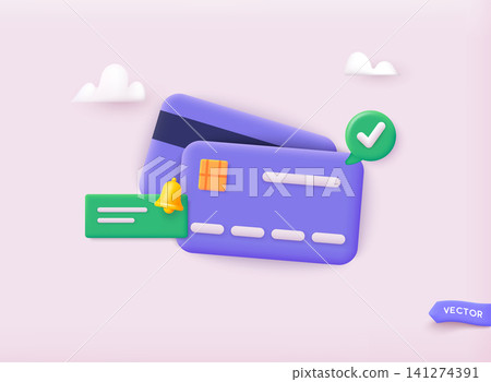3D credit card icon. Finance, online banking and shopping payment. 3d with payment protection concept. 3D web Vector Illustrations. 3D credit card icon. Finance, online banking and shopping payment. 3d with payment protection concept. 3D web Vector Illustrations. 141274391