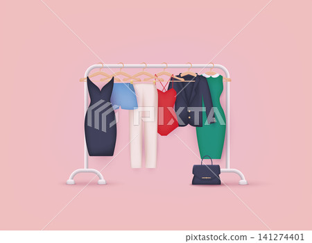 Clothes on rack. Closet wardrobe. Commercial concept for store, showroom, exhibition. 3D Web Vector Illustrations. Clothes on rack. Closet wardrobe. Commercial concept for store, showroom, exhibition. 3D Web Vector Illustrations. 141274401