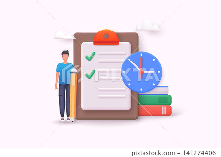Time management concept. Time organization efficiency. Schedule job project team. Characters planning project tasks, managing schedule and work time. 3D Web Vector Illustrations. Time management concept. Time organization efficiency. Schedule job project team. Characters planning project tasks, managing schedule and work time. 3D Web Vector Illustrations. 141274406