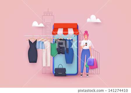 Clothes on rack. Online shopping on application and website concept. Commercial concept for store, showroom, exhibition. 3D Web Vector Illustrations. Clothes on rack. Online shopping on application and website concept. Commercial concept for store, showroom, exhibition. 3D Web Vector Illustrations. 141274410