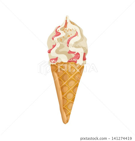 Soft serve ice cream cone with pink syrup isolated on white for menu packaging stickers and summer design Soft serve ice cream cone with pink syrup isolated on white for menu packaging stickers and summer design 141274419