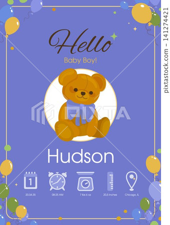Baby boy birth announcement with teddy bear balloons and newborn details for nursery keepsake Baby boy birth announcement with teddy bear balloons and newborn details for nursery keepsake 141274421