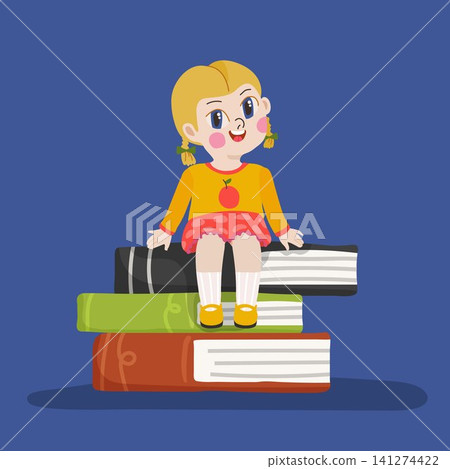 Happy school girl sitting on stacked books on blue background for education posters and reading design 141274422