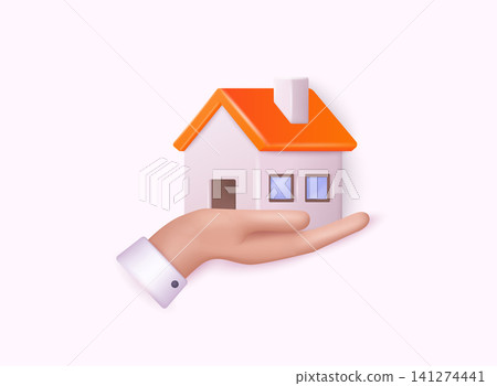 Hand holding home. Minimal Home icon and logo. Property insurance template. 3D Web Vector Illustrations. Hand holding home. Minimal Home icon and logo. Property insurance template. 3D Web Vector Illustrations. 141274441