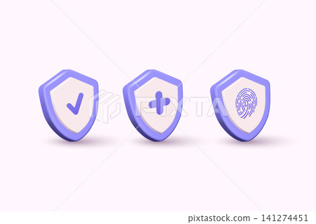Shield with check mark, cross and finger print sign. Symbol security safety icon. 3D Web Vector Illustrations. Shield with check mark, cross and finger print sign. Symbol security safety icon. 3D Web Vector Illustrations. 141274451