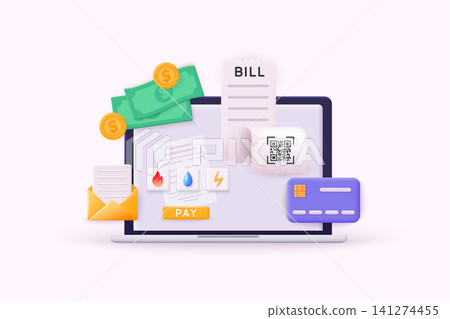 Payment concept. Invoice and electricity meter. Utility bills payment. Payment of utility, bank, restaurant and other. 3D Vector Illustrations. Payment concept. Invoice and electricity meter. Utility bills payment. Payment of utility, bank, restaurant and other. 3D Vector Illustrations. 141274455