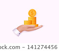 3D Stack of Gold Coins in a hand. Growth, Income, Savings, Investment. Symbol of Wealth. Business Success. 3D Vector Illustrations. 141274456