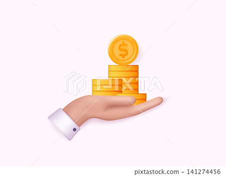 3D Stack of Gold Coins in a hand. Growth, Income, Savings, Investment. Symbol of Wealth. Business Success. 3D Vector Illustrations. 3D Stack of Gold Coins in a hand. Growth, Income, Savings, Investment. Symbol of Wealth. Business Success. 3D Vector Illustrations. 141274456