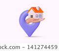 Location map pin with hand and house. Real estate concept.  Property insurance template. 3D Web Vector Illustrations. 141274459