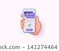 Hand holding mobile smart phone with credit card. Finance, online banking and shopping payment. 3d with payment protection concept. 3D web Vector Illustrations. 141274464