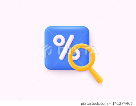 Percent with magnificent glass. Interest low price 3d percent discount vector icon. 3D Web Vector Illustrations. Percent with magnificent glass. Interest low price 3d percent discount vector icon. 3D Web Vector Illustrations. 141274465