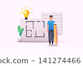 Interior design, home project and house architecture plan. Search estate, house project, real estate business concept. 3D Web Vector Illustration. 141274466