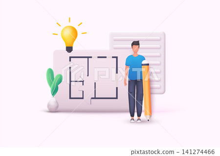 Interior design, home project and house architecture plan. Search estate, house project, real estate business concept. 3D Web Vector Illustration. Interior design, home project and house architecture plan. Search estate, house project, real estate business concept. 3D Web Vector Illustration. 141274466