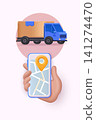 Hand holding mobile smart phone with application tracker. Delivery tracking. GPS navigator pointer. 3D Web Vector Illustrations. 141274470