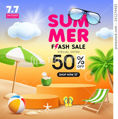 Summer flash sale orange podium display, beach umbrella, coconut trees, beach bed on island beach poster design Summer flash sale orange podium display, beach umbrella, coconut trees, beach bed on island beach poster design 141274485