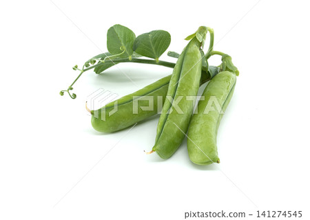 Fresh green pea pods with leaves and tendrils on a white background 141274545