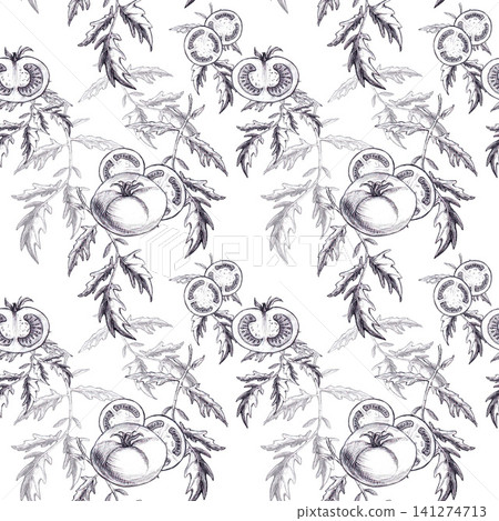 Seamless pattern with tomatoes, slice and leaves hand-drawn graphite hatching pencil sketch. A culinary botanical texture for organic farm-to-table packaging, kitchen fabrics, recipe background. Seamless pattern with tomatoes, slice and leaves hand-drawn graphite hatching pencil sketch. A culinary botanical texture for organic farm-to-table packaging, kitchen fabrics, recipe background. 141274713