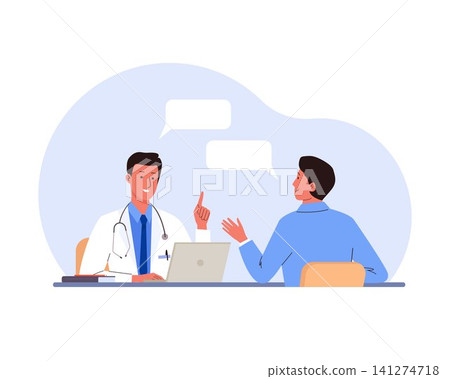 Doctor man consulting patient. Medical appointment. Male doctor with stethoscope using laptop Doctor man consulting patient. Medical appointment. Male doctor with stethoscope using laptop 141274718