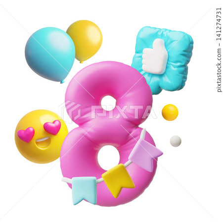 3D birthday number eight balloon element with emoji symbols 141274731