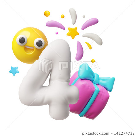 3D cartoon birthday number four with gift box and smile 3D cartoon birthday number four with gift box and smile 141274732